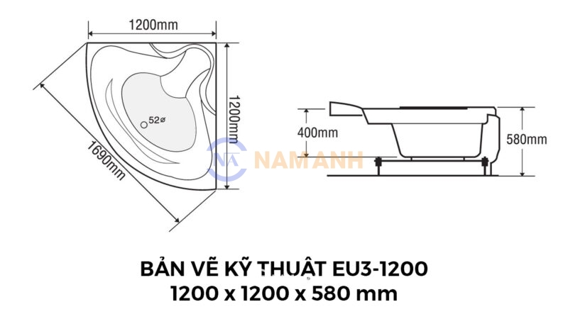 Bản vẽ kỹ thuật Bồn Tắm Góc Euroca EU3-1200 Tam Giác