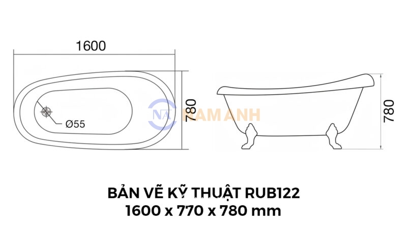 Bồn Tắm Chân Rồng Đặt Sàn Acrylic Rudi RUB122 1600x770x780 mm