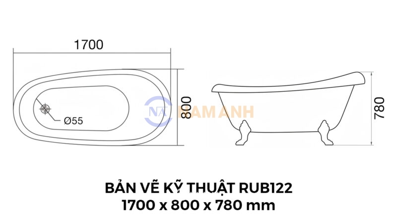 Bồn Tắm Chân Rồng Đặt Sàn Acrylic Rudi RUB122 1700x800x780 mm