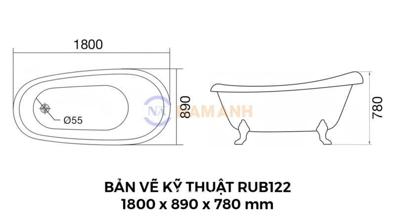 Bồn Tắm Chân Rồng Đặt Sàn Acrylic Rudi RUB122 1800x890x780 mm