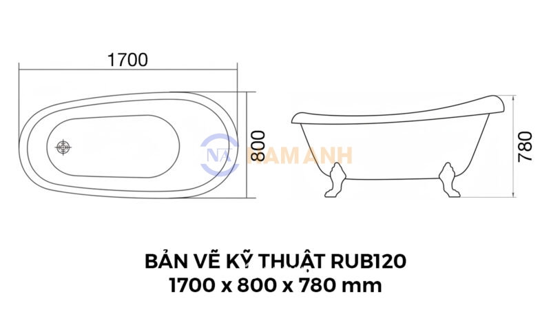 Bản Vẽ Kỹ Thuật Bồn Tắm Chân Rồng Đặt Sàn Acrylic Rudi RUB120 1700x800x780 mm