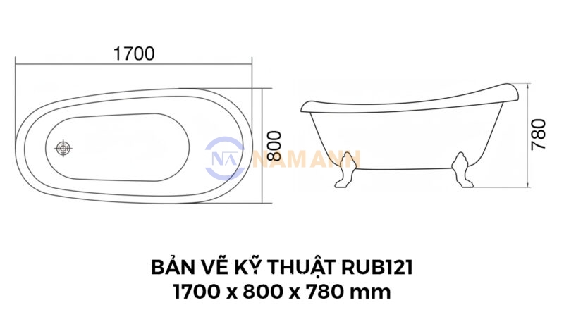 Bản Vẽ Kỹ Thuật Bồn Tắm Chân Rồng Đặt Sàn Acrylic Rudi RUB121 1700x800 mm