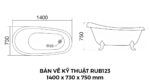 Bản Vẽ Kỹ Thuật Bồn Tắm Chân Rồng Đặt Sàn Acrylic Rudi RUB123 1400x730x750 mm
