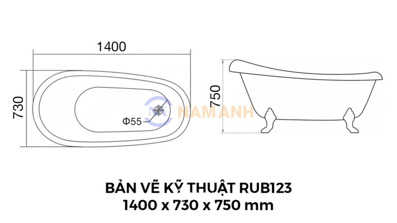 Bản Vẽ Kỹ Thuật Bồn Tắm Chân Rồng Đặt Sàn Acrylic Rudi RUB123 1400x730x750 mm