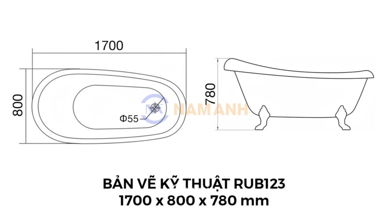Bản Vẽ Kỹ Thuật Bồn Tắm Chân Rồng Đặt Sàn Acrylic Rudi RUB123 1700x800x780 mm