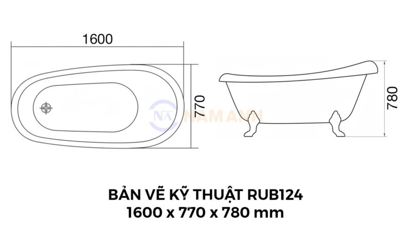 Bản Vẽ Kỹ Thuật Bồn Tắm Chân Rồng Đặt Sàn Acrylic Rudi RUB124 1600x770 mm