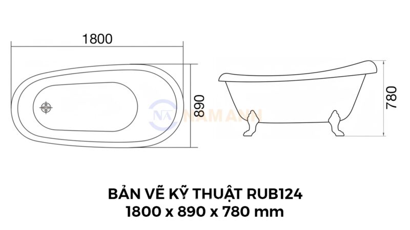 Bản Vẽ Kỹ Thuật Bồn Tắm Chân Rồng Đặt Sàn Acrylic Rudi RUB124 1800x890 mm