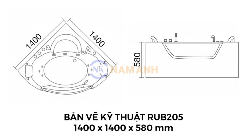 Bản Vẽ Kỹ Thuật Bồn Tắm Góc Đôi Massage Acrylic Rudi RUB205 1400x1400 mm Tam Giác