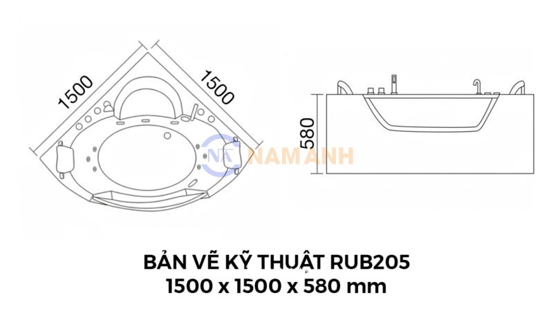 Bản Vẽ Kỹ Thuật Bồn Tắm Góc Đôi Massage Acrylic Rudi RUB205 1500x1500 mm Tam Giác