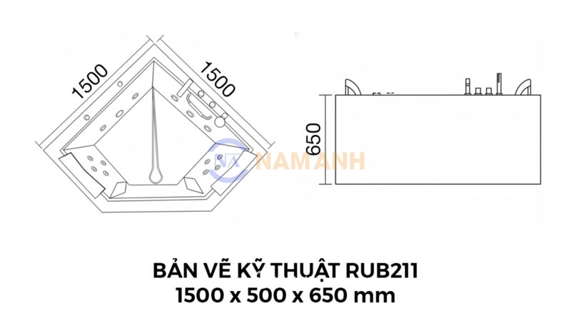 Bản Vẽ Kỹ Thuật Bồn Tắm Góc Đôi Massage Acrylic Rudi RUB211 1500x1500 mm Tam Giác