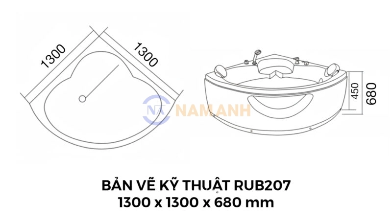 Bản Vẽ Kỹ Thuật Bồn Tắm Góc Đôi Massage Rudi RUB207 1300x1300 mm Tam Giác