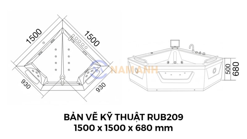 Bản Vẽ Kỹ Thuật Bồn Tắm Góc Đôi Massage Rudi RUB209 1500x1500 mm Tam Giác