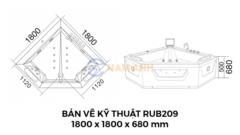 Bản Vẽ Kỹ Thuật Bồn Tắm Góc Đôi Massage Rudi RUB209 1800x1800 mm Tam Giác