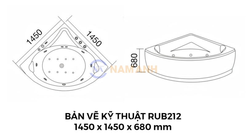 Bản Vẽ Kỹ Thuật Bồn Tắm Góc Đôi Massage Rudi RUB212 1450x1450 mm Tam Giác