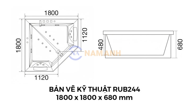 Bồn Tắm Góc Đôi Xây Massage Rudi RUB244 1800x1800 mm Tam Giác