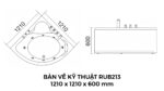 Bản Vẽ Kỹ Thuật Bồn Tắm Góc Massage Rudi RUB213 1210x1210 mm Tam Giác