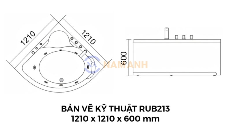 Bản Vẽ Kỹ Thuật Bồn Tắm Góc Massage Rudi RUB213 1210x1210 mm Tam Giác