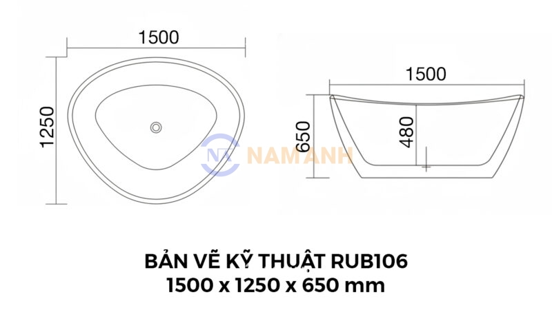Bản Vẽ Kỹ Thuật Bồn Tắm Nằm Đặt Sàn Acrylic Rudi RUB106 1500x1250 mm Tam Giác