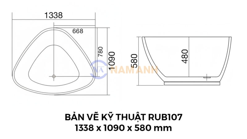 Bản Vẽ Kỹ Thuật Bồn Tắm Nằm Đặt Sàn Acrylic Rudi RUB107 1338x1090 mm Tam Giác
