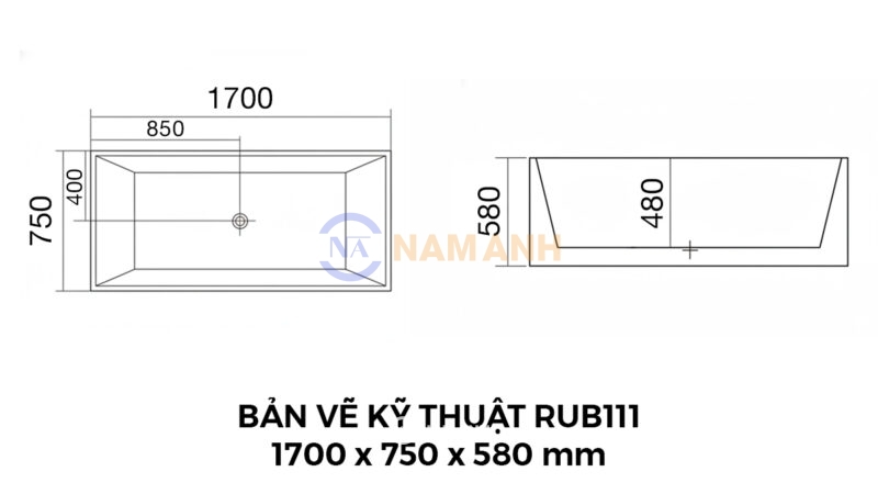 Bản Vẽ Kỹ Thuật Bồn Tắm Nằm Đặt Sàn Acrylic Rudi RUB111 1700x750 mm Chữ Nhật