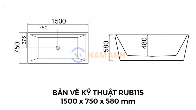 Bản Vẽ Kỹ Thuật Bồn Tắm Nằm Đặt Sàn Acrylic Rudi RUB115 1500x750 mm Chữ Nhật