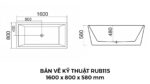 Bản Vẽ Kỹ Thuật Bồn Tắm Nằm Đặt Sàn Acrylic Rudi RUB115 1600x800 mm Chữ Nhật