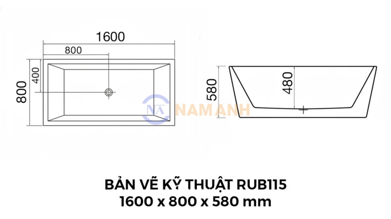 Bản Vẽ Kỹ Thuật Bồn Tắm Nằm Đặt Sàn Acrylic Rudi RUB115 1600x800 mm Chữ Nhật