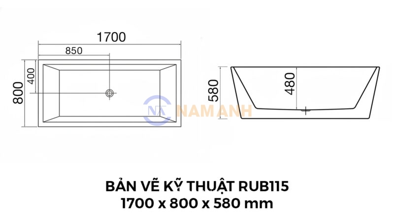 Bản Vẽ Kỹ Thuật Bồn Tắm Nằm Đặt Sàn Acrylic Rudi RUB115 1700x800 mm Chữ Nhật