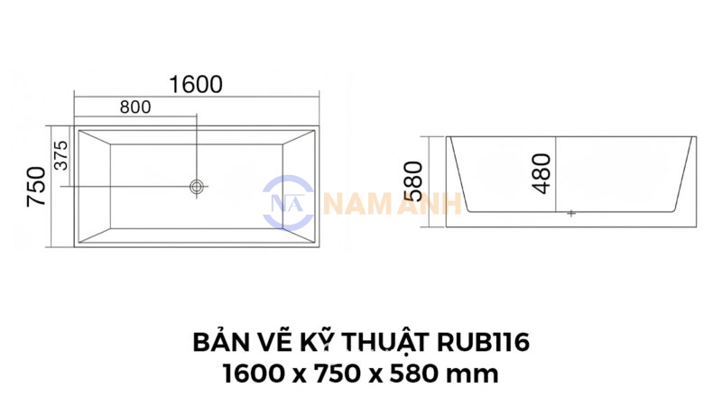 Bản Vẽ Kỹ Thuật Bồn Tắm Nằm Đặt Sàn Acrylic Rudi RUB116 1600x750 mm Chữ Nhật