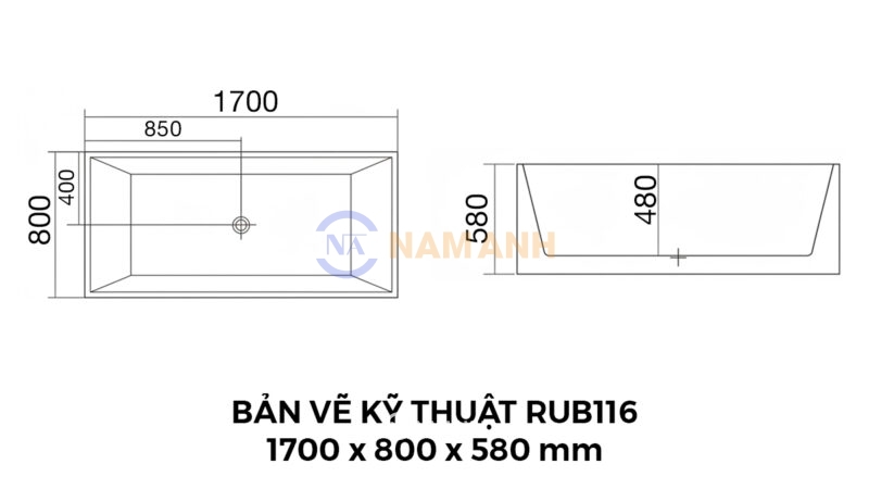Bản Vẽ Kỹ Thuật Bồn Tắm Nằm Đặt Sàn Acrylic Rudi RUB116 1700x800 mm Chữ Nhật