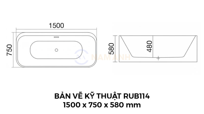 Bản Vẽ Kỹ Thuật Bồn Tắm Nằm Đặt Sàn Massage Acrylic Rudi RUB114 1500x750 mm Chữ Nhật