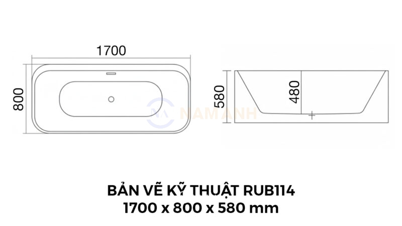 Bản Vẽ Kỹ Thuật Bồn Tắm Nằm Đặt Sàn Massage Acrylic Rudi RUB114 1700x800 mm Chữ Nhật