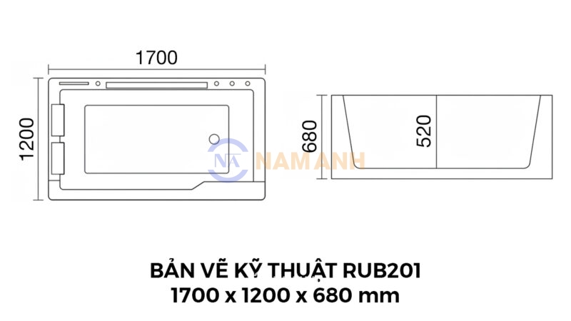 Bản Vẽ Kỹ Thuật Bồn Tắm Nằm Đôi Massage Acrylic Rudi RUB201 1700x1200 mm Chữ Nhật