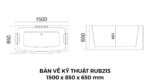 Bản Vẽ Kỹ Thuật Bồn Tắm Nằm Đôi Massage Acrylic Rudi RUB215 Chữ Nhật 1500x850 mm
