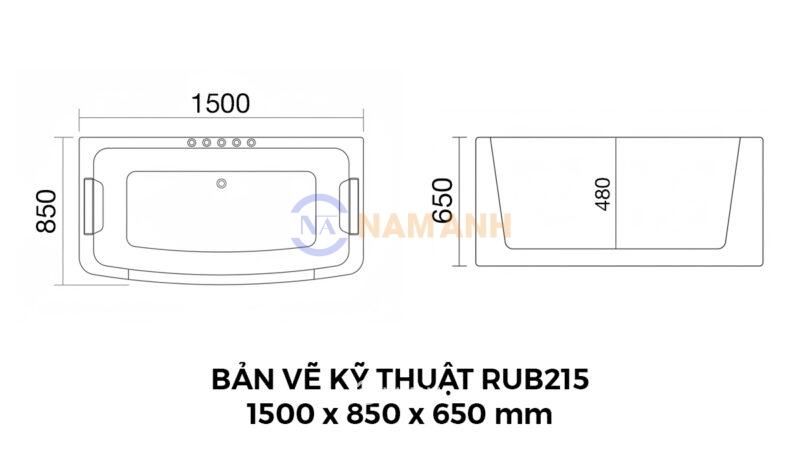 Bản Vẽ Kỹ Thuật Bồn Tắm Nằm Đôi Massage Acrylic Rudi RUB215 Chữ Nhật 1500x850 mm