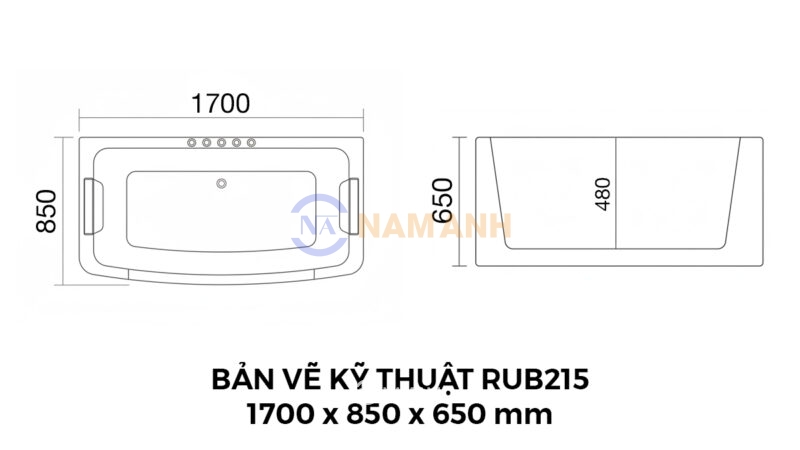 Bản Vẽ Kỹ Thuật Bồn Tắm Nằm Đôi Massage Acrylic Rudi RUB215 Chữ Nhật 1700x850 mm