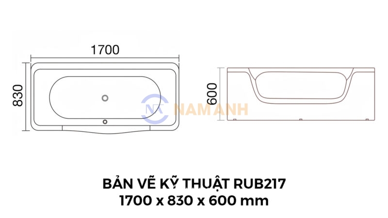 Bản Vẽ Kỹ Thuật Bồn Tắm Nằm Đôi Massage Acrylic Rudi RUB217 1700x830 mm Chữ Nhật