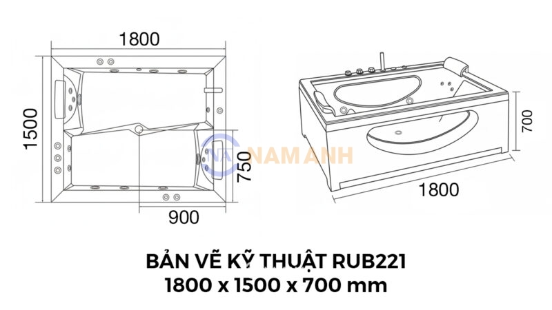 Bản Vẽ Kỹ Thuật Bồn Tắm Nằm Đôi Massage Acrylic Rudi RUB221 1800x1500 mm Chữ Nhật