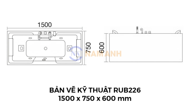 Bản Vẽ Kỹ Thuật Bồn Tắm Nằm Đôi Massage Rudi RUB226 1500x750 mm Chữ Nhật