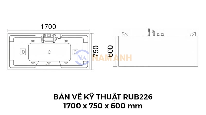 Bản Vẽ Kỹ Thuật Bồn Tắm Nằm Đôi Massage Rudi RUB226 1700x750 mm Chữ Nhật