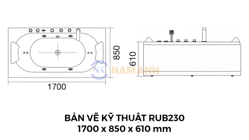 Bản Vẽ Kỹ Thuật Bồn Tắm Nằm Đôi Massage Rudi RUB230 1700x850 mm Chữ Nhật