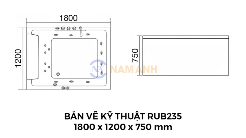 Bản Vẽ Kỹ Thuật Bồn Tắm Nằm Đôi Xây Massage Rudi RUB235 1800x1200 mm Chữ Nhật