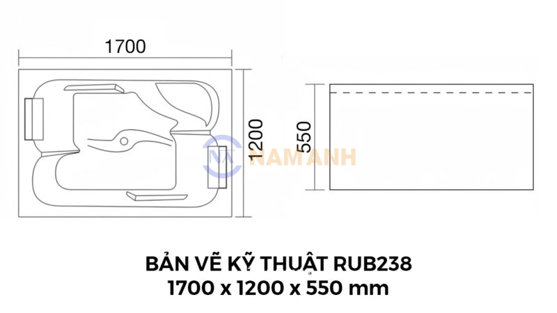 Bản Vẽ Kỹ Thuật Bồn Tắm Nằm Đôi Xây Massage Rudi RUB238 1700x1200 mm Chữ Nhật