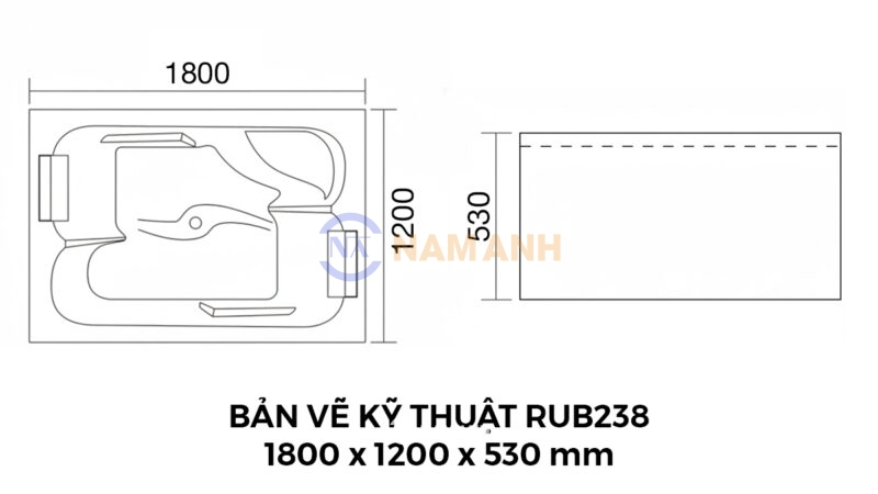 Bản Vẽ Kỹ Thuật Bồn Tắm Nằm Đôi Xây Massage Rudi RUB238 1800x1200 mm Chữ Nhật