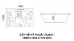 Bản Vẽ Kỹ Thuật Bồn Tắm Nằm Đôi Xây Massage Rudi RUB241 1880x1230 mm Chữ Nhật