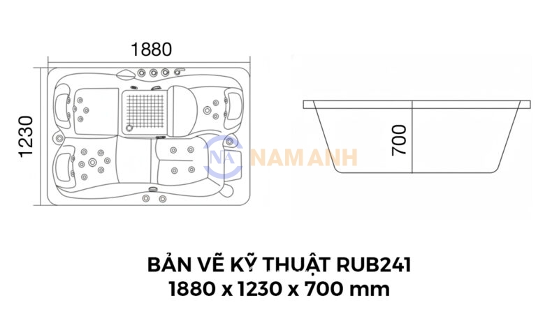 Bản Vẽ Kỹ Thuật Bồn Tắm Nằm Đôi Xây Massage Rudi RUB241 1880x1230 mm Chữ Nhật