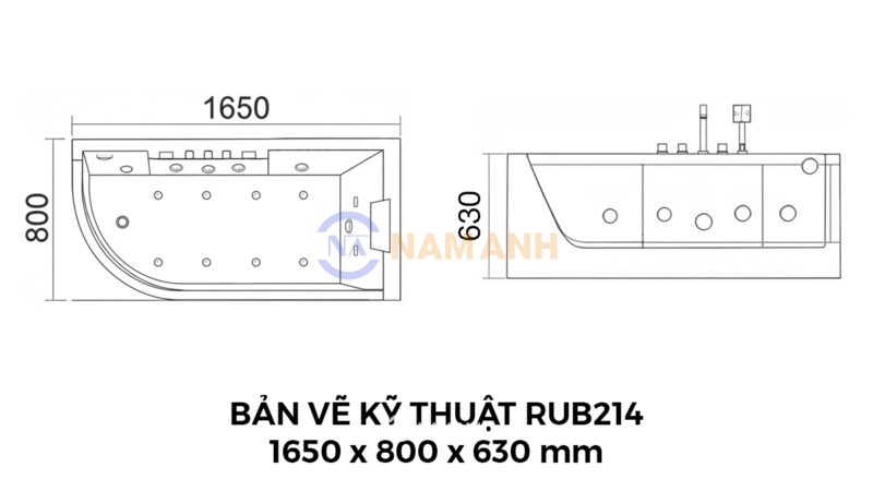 Bản Vẽ Kỹ Thuật Bồn Tắm Nằm Massage Acrylic Rudi RUB214 1650x800 mm Chữ Nhật