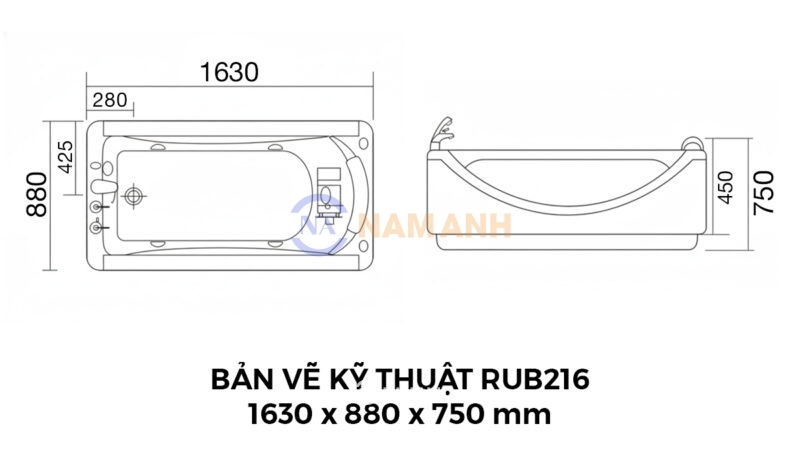 Bản Vẽ Kỹ Thuật Bồn Tắm Nằm Massage Acrylic Rudi RUB216 1630x880 mm Chữ Nhật