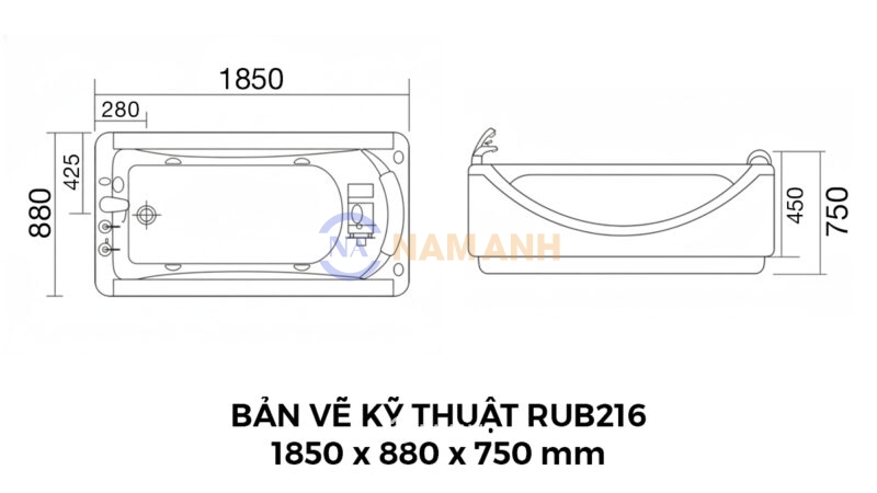 Bản Vẽ Kỹ Thuật Bồn Tắm Nằm Massage Acrylic Rudi RUB216 1850x880 mm Chữ Nhật