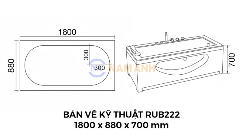 Bản Vẽ Kỹ Thuật Bồn Tắm Nằm Massage Acrylic Rudi RUB222 1800x880 mm Chữ Nhật